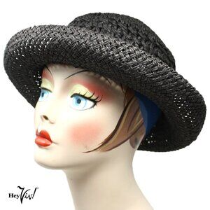 Wide Brim Summer Sun Shade Hat Black Open Weave Style Curved Brim - Hey Viv